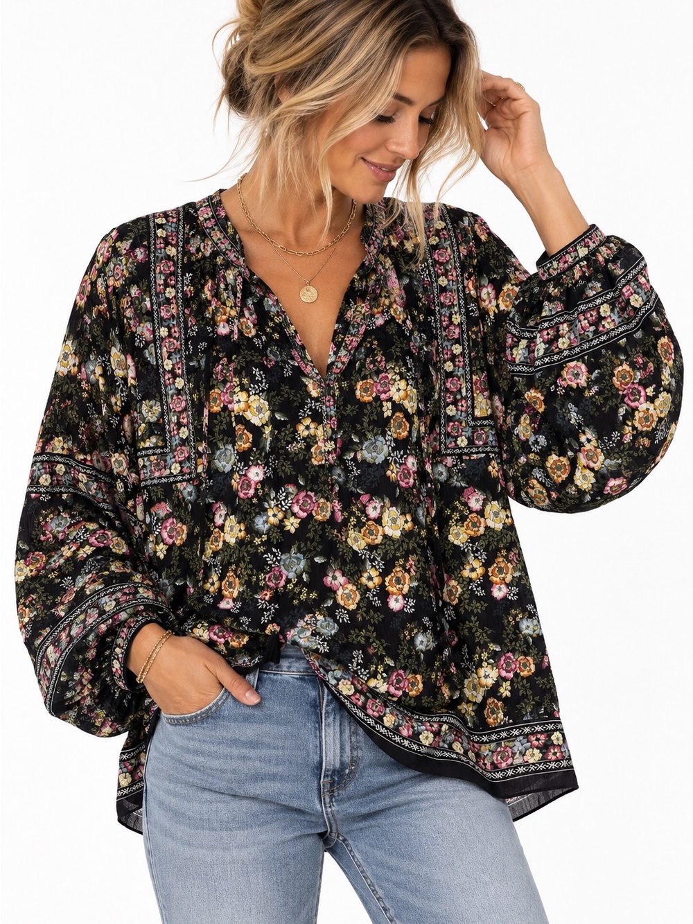 Rose & Olive Black Floral Boho Tunic Peasant Blouse